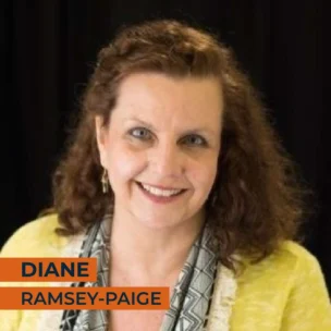 A woman with curly hair smiles at the camera. The text on the image reads "Diane Ramsey-Paige".