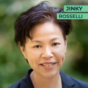 A woman smiling with short dark hair and wearing a dark green shirt, with the name "Jinky Rosselli" displayed in the top right corner.