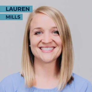 A woman with shoulder-length blond hair and a blue top is smiling at the camera. The name "Lauren Mills" is displayed on the left side of the image.