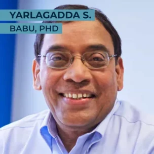 A man wearing glasses and smiling at the camera. The text reads "Yarlagadda S. Babu, PhD".