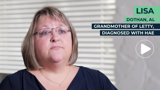 A woman named Lisa from Dothan, AL, is shown in this image. There is a note that she is the grandmother of Letty, who was diagnosed with HAE.