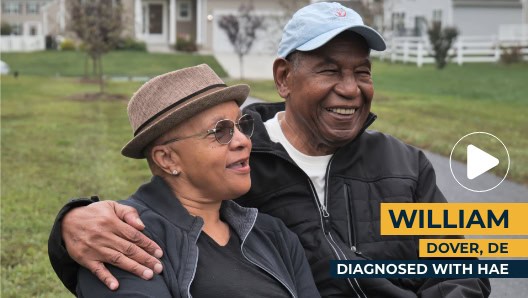 An older couple sits outdoors on a bench, both smiling. The man wears a blue cap and the woman wears a hat and sunglasses. Text overlay reads: "William, Dover, DE, Diagnosed with HAE.