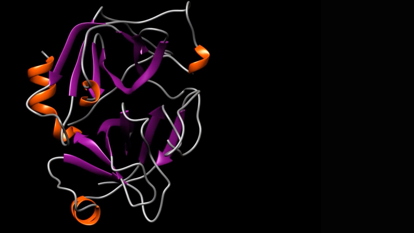 3D model of a protein structure with purple helices, orange loops, and white strands on a black background.