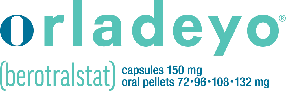 Orladeyo (berotralstat) logo with text indicating capsule 150 mg and oral pellets 72.36, 108.54, 150 mg.
