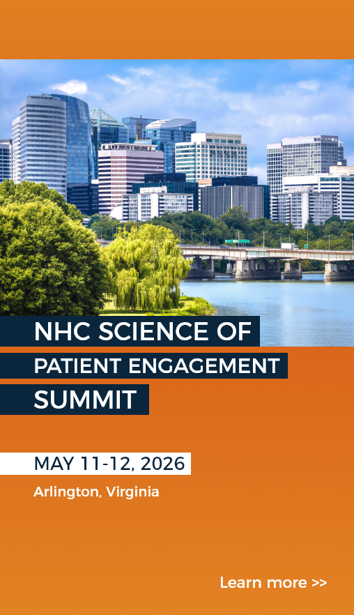 City skyline with modern buildings and a bridge over a river, promoting the NHC Science of Patient Engagement Summit in Arlington, Virginia, May 11-12, 2026.