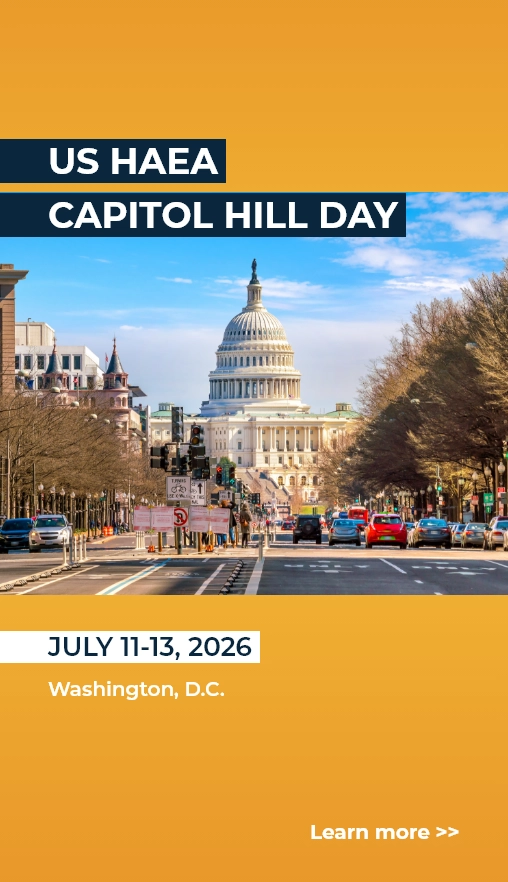 View of the U.S. Capitol building in Washington, D.C. with traffic in the foreground. Text announces US HAEA Capitol Hill Day, July 11-13, 2026.