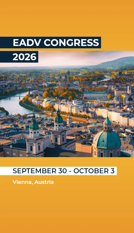 Aerial view of Vienna with historic buildings and river, overlaid with text for EADV Congress 2026, September 30 - October 3, Vienna, Austria.