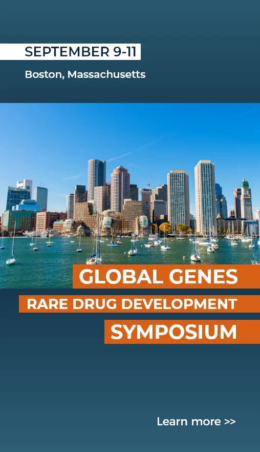 Boston city skyline with sailboats in the harbor. Text overlay promotes the Global Genes Rare Drug Development Symposium, September 9-11 in Boston, Massachusetts.