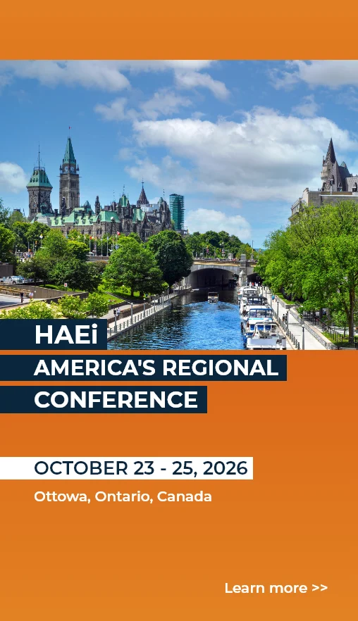A promotional poster for the HAEi America's Regional Conference, October 23-25, 2026, in Ottawa, Ontario, Canada, featuring a cityscape with trees, water, and historic buildings.