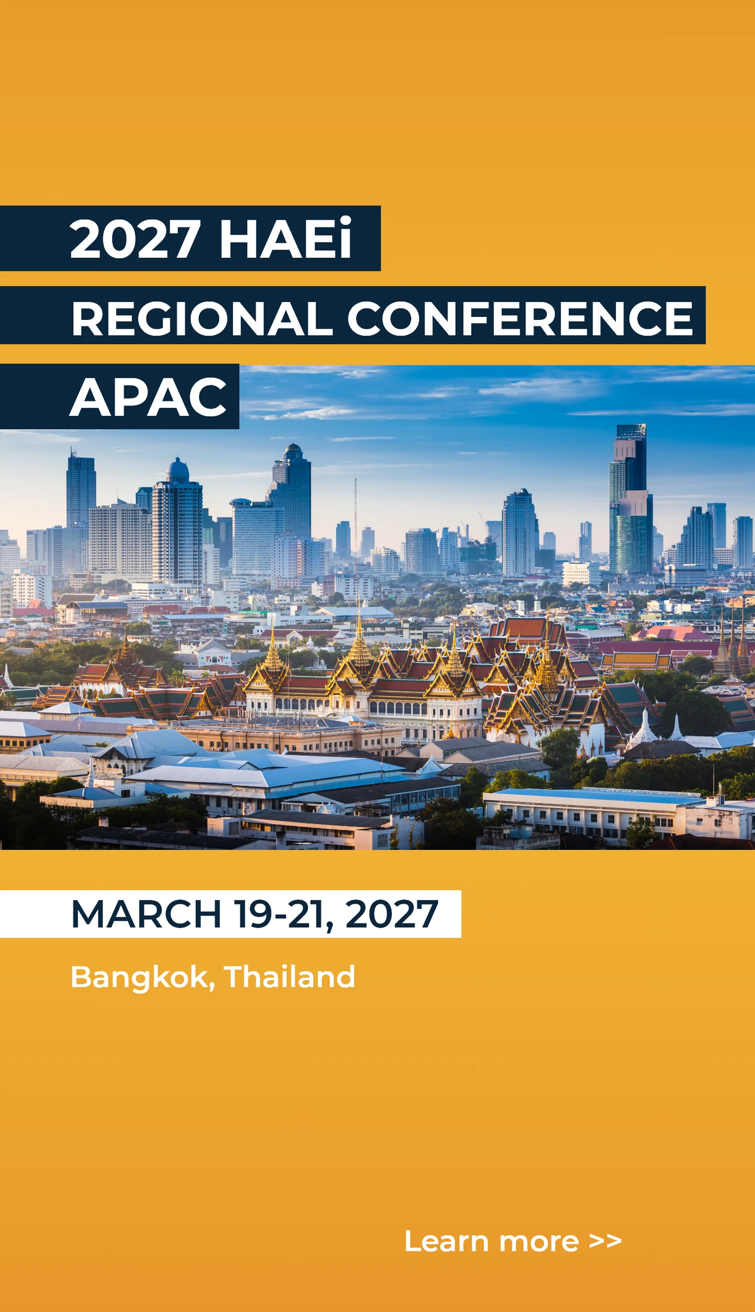 2027 HAEi Regional Conference APAC in Bangkok, Thailand, from March 19-21, 2027, featuring a view of the city skyline.